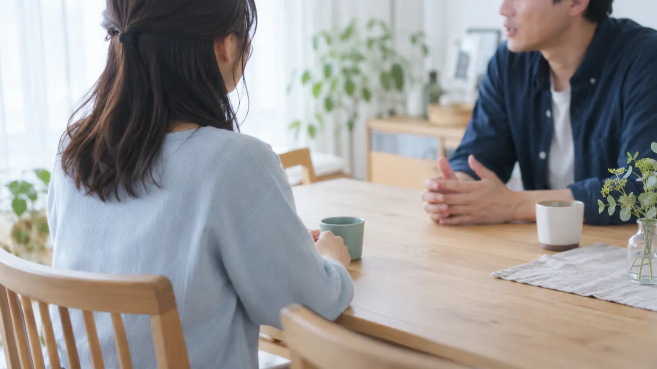 明るいダイニングで、テーブルをはさんで向き合い、落ち着いて話す2人