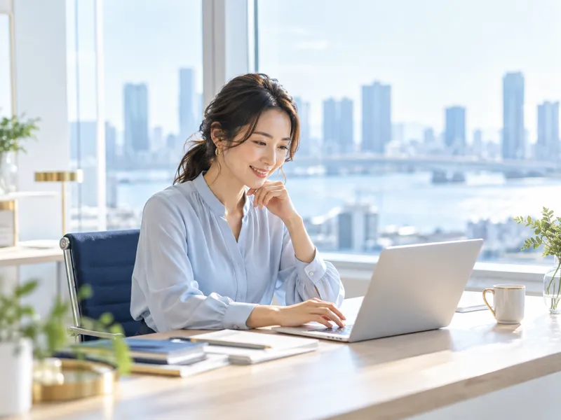 明るいオフィスで手応えを感じながら仕事を進める女性
